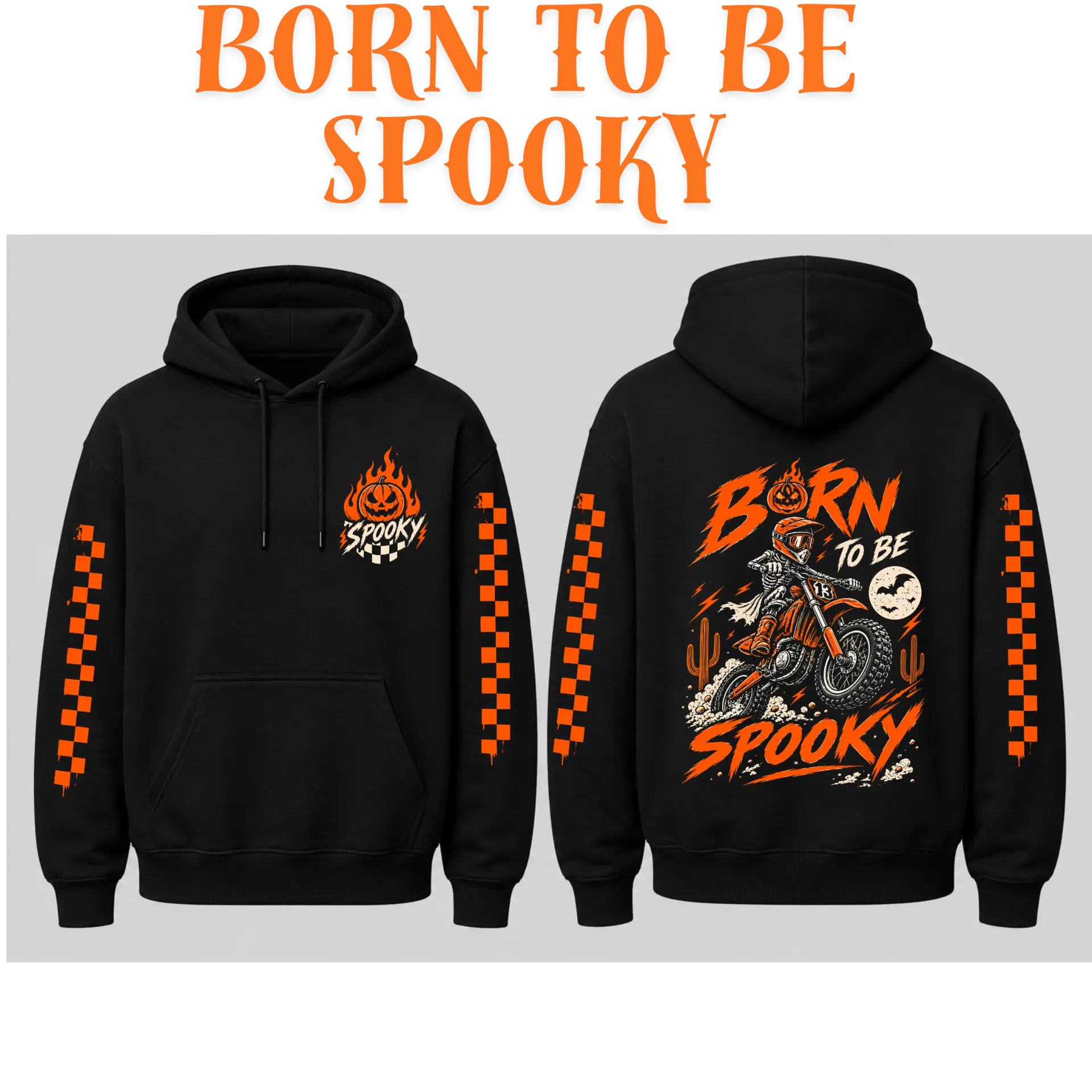Born To Be Spooky black hoodie front and back mockup