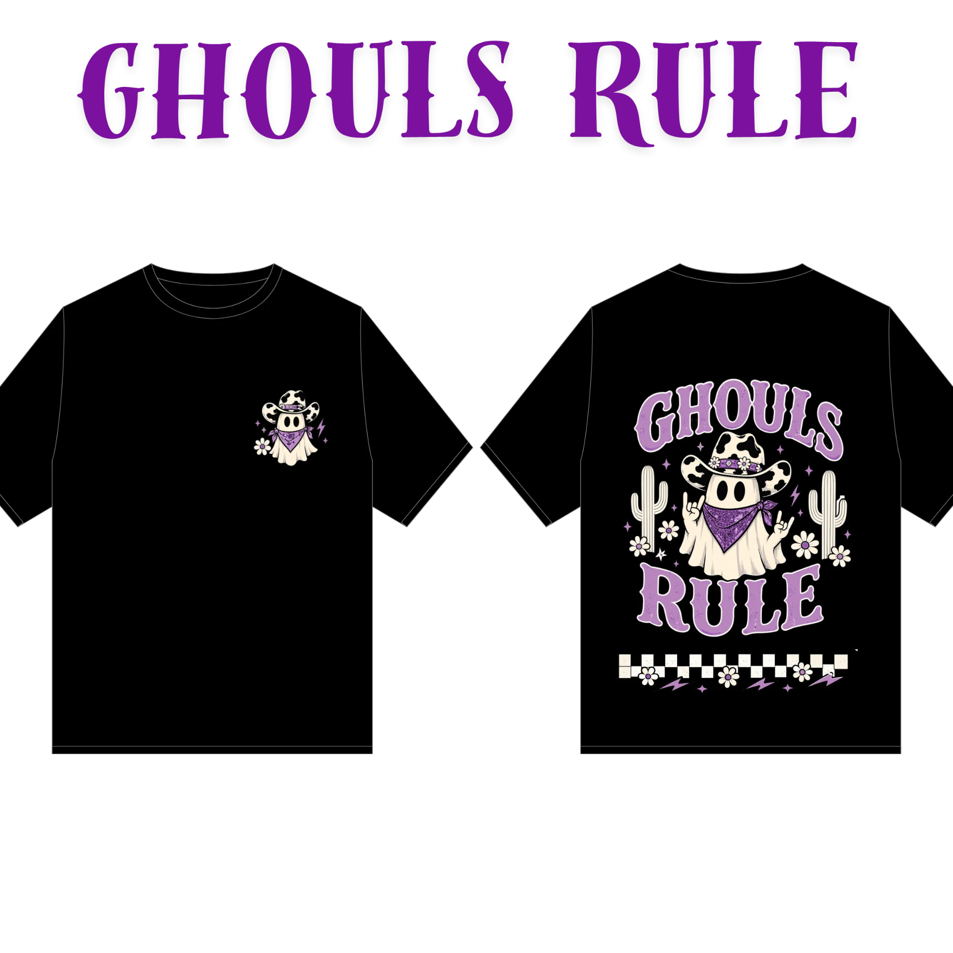 Ghouls Rule black t-shirt front and back mockup