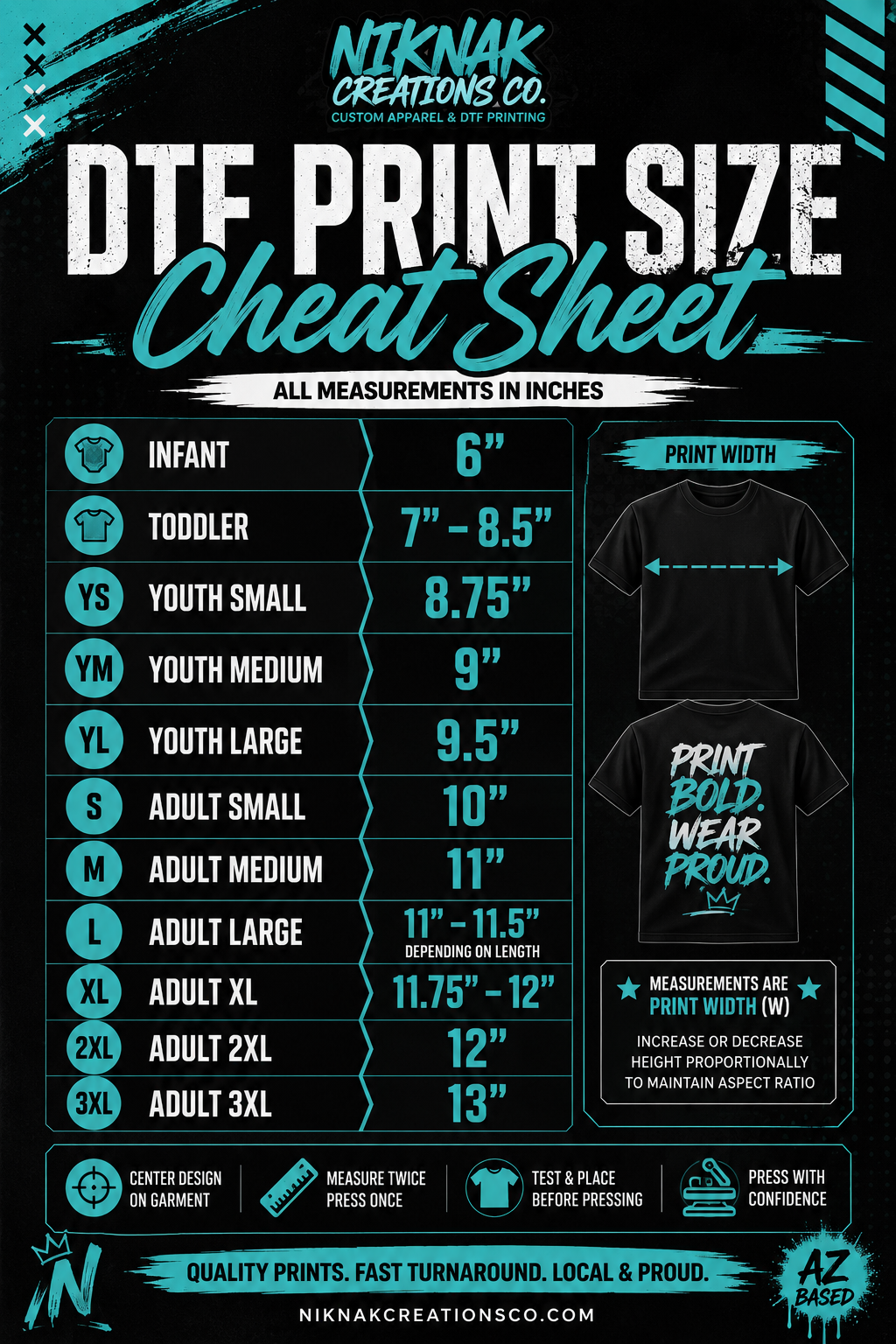 NikNak Creations DTF print size cheat sheet showing recommended print widths in inches for infant through adult 3XL garments